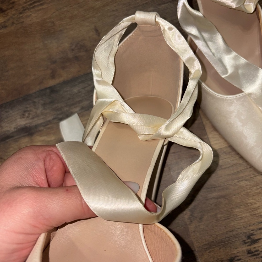 Ivory Satin Jacquard Bridal Heels with Ribbon Tie - Picture 7 of 8